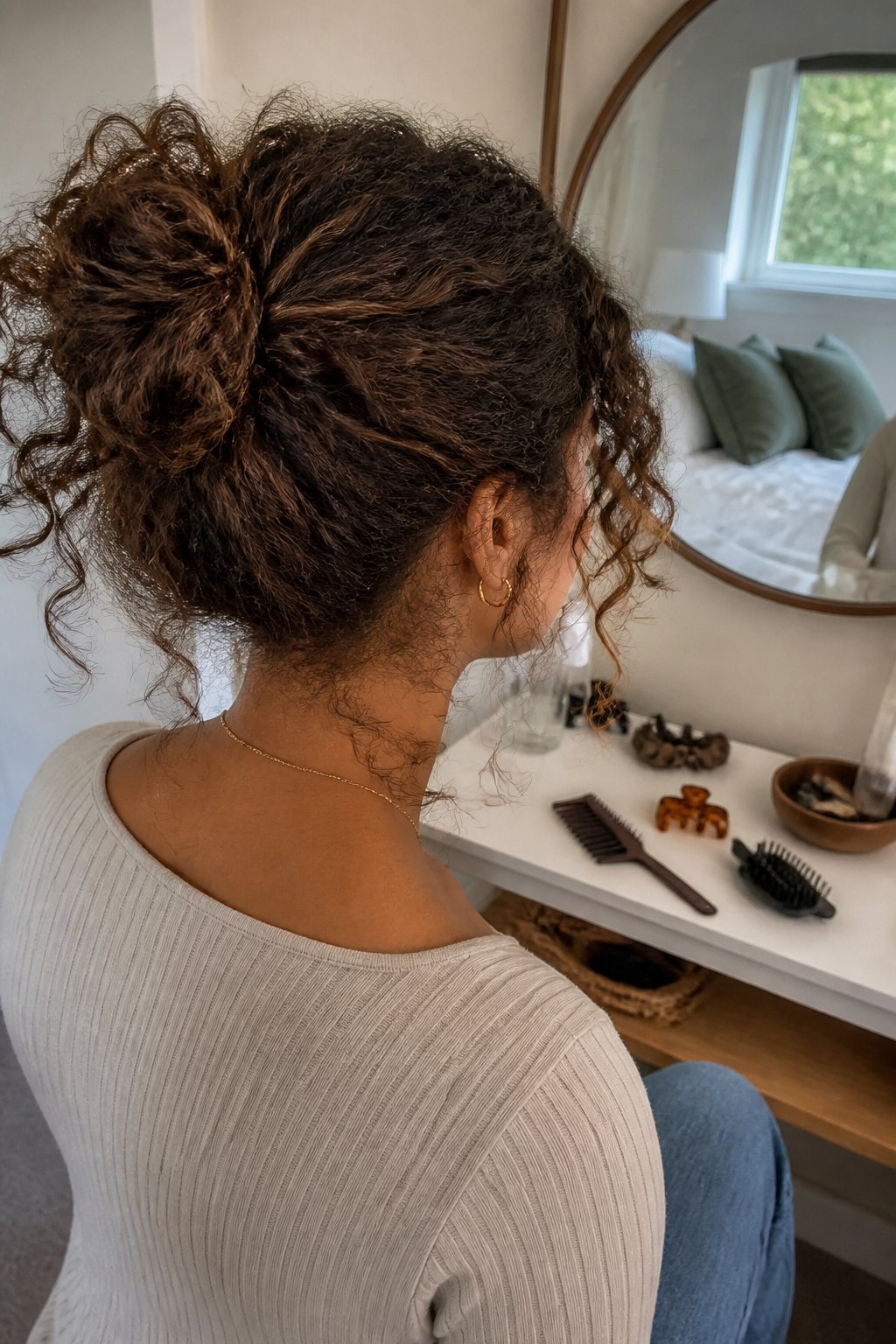 Person wearing a twisted curly bun with a few loose curls, photographed in a bright bedroom.