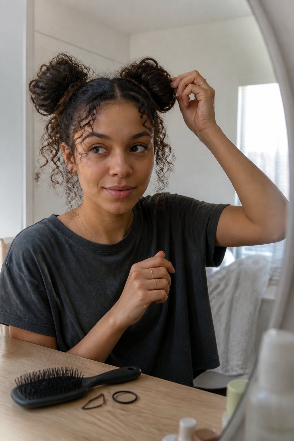 A person with curly hair styled into two high space buns adjusts one bun beside a softly lit vanity.