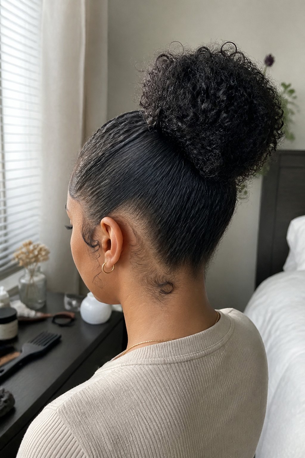 A woman with curly hair styled into a sleek-edged bun stands near a sunlit window with hair tools on a nearby surface.