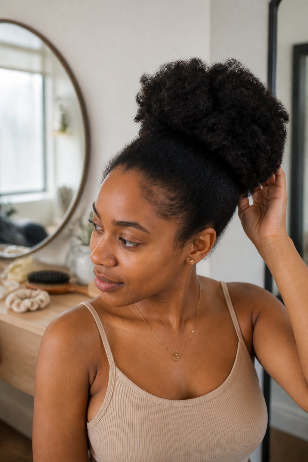A woman with naturally curly hair styled into a large Afro puff bun stands in a softly lit room.