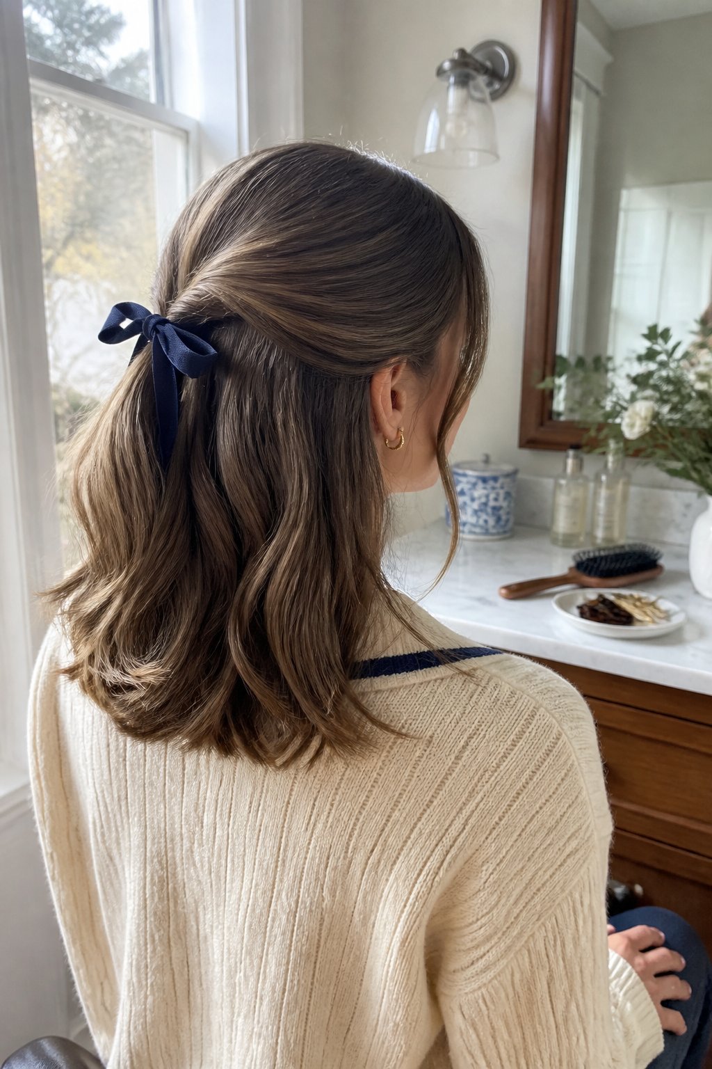 A person with a neat preppy hairstyle stands near a window with hair accessories and styling tools nearby.