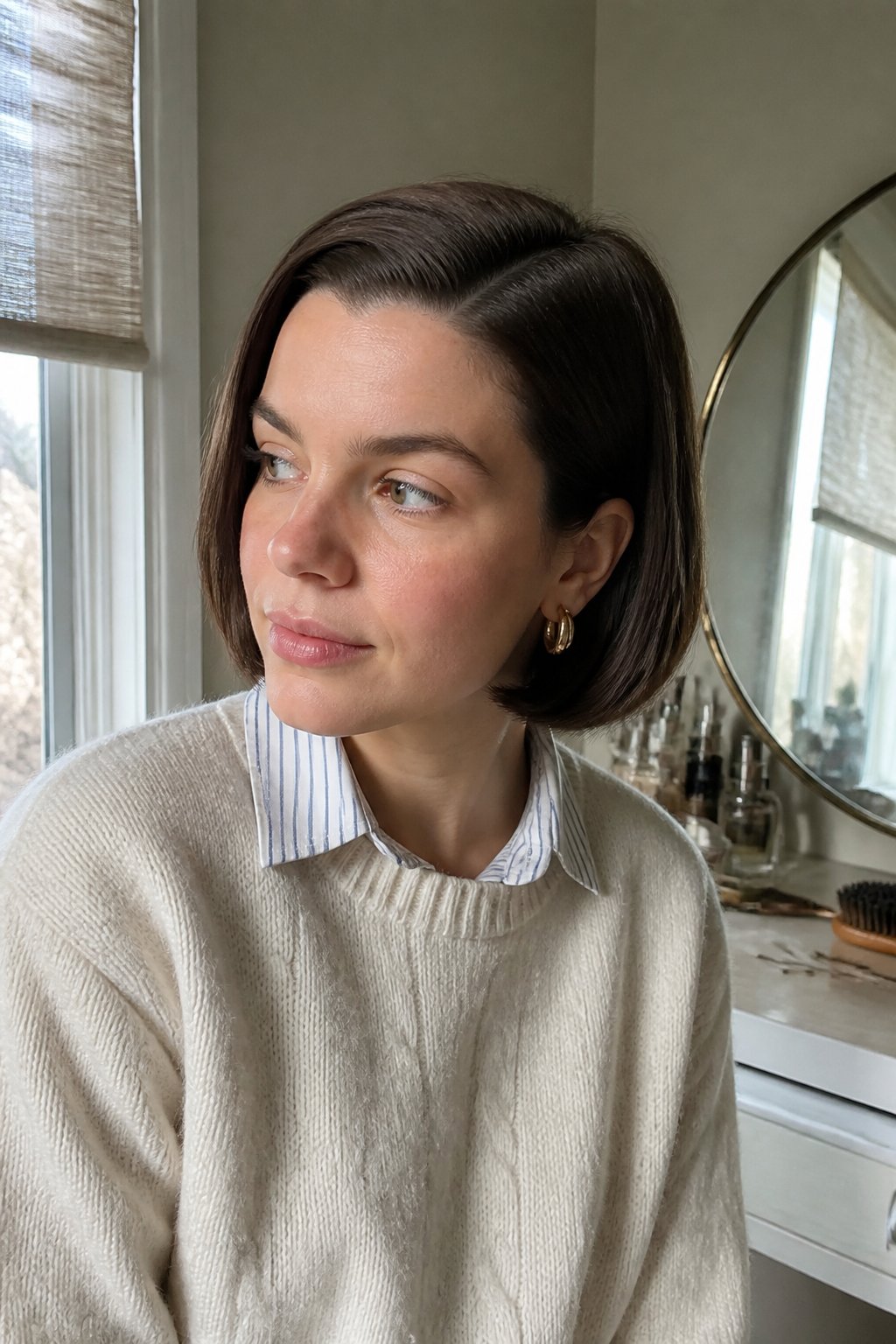 Person with a sleek side-parted bob hairstyle standing near a mirror in a bright room.