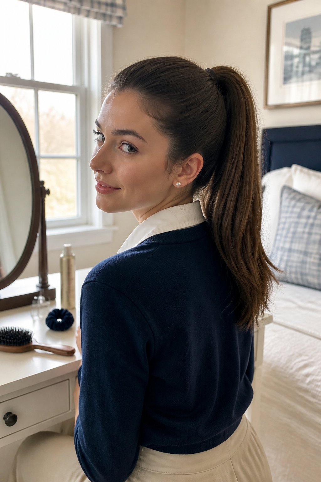 A woman with a polished high ponytail stands in a softly lit bedroom.