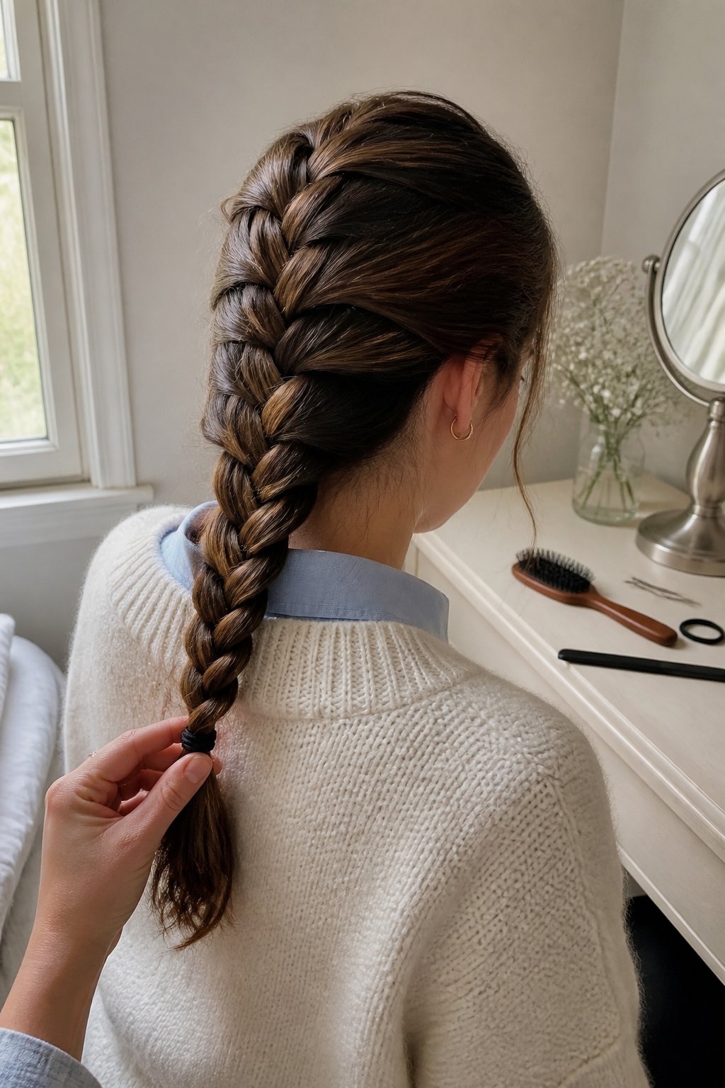 A person wearing a classic French braid and a preppy outfit near a bright window.