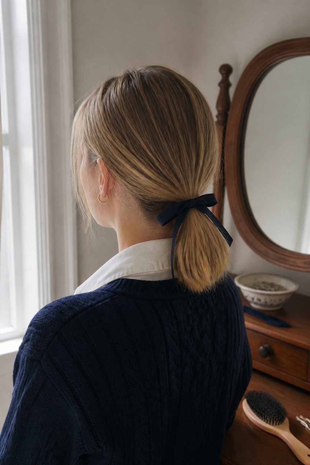 A person seen from behind wearing a low ponytail tied with a ribbon in a softly lit room.