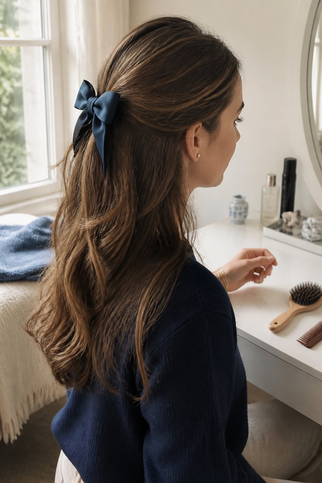 A person wears a neat half-up, half-down hairstyle with a simple hair accessory in a bright bedroom.