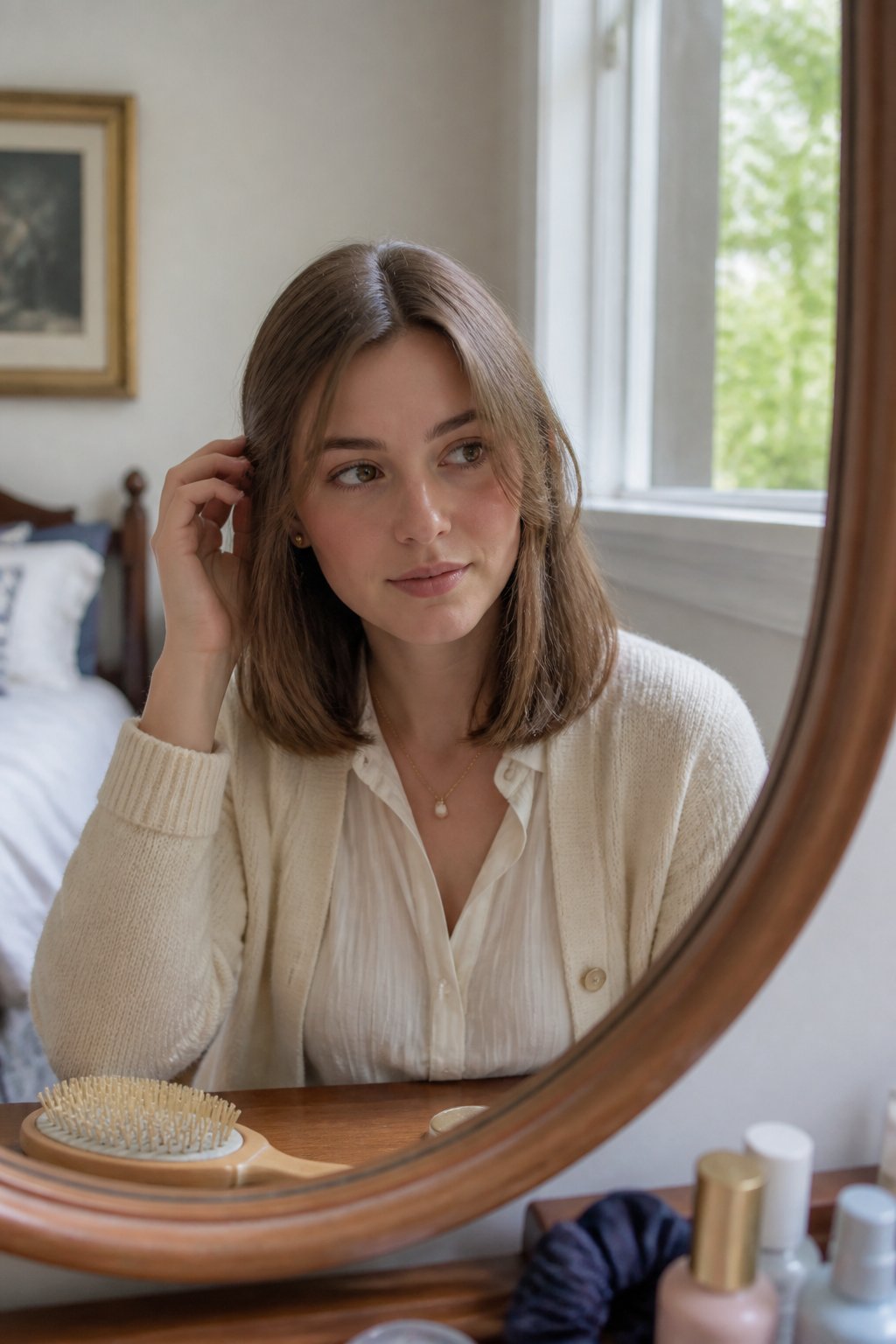 A woman with a shoulder-length preppy lob hairstyle adjusts her hair in a softly lit bedroom.