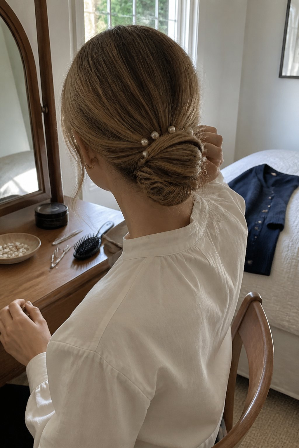 A woman with a low chignon decorated with pearl pins sits at a vanity in a softly lit bedroom.