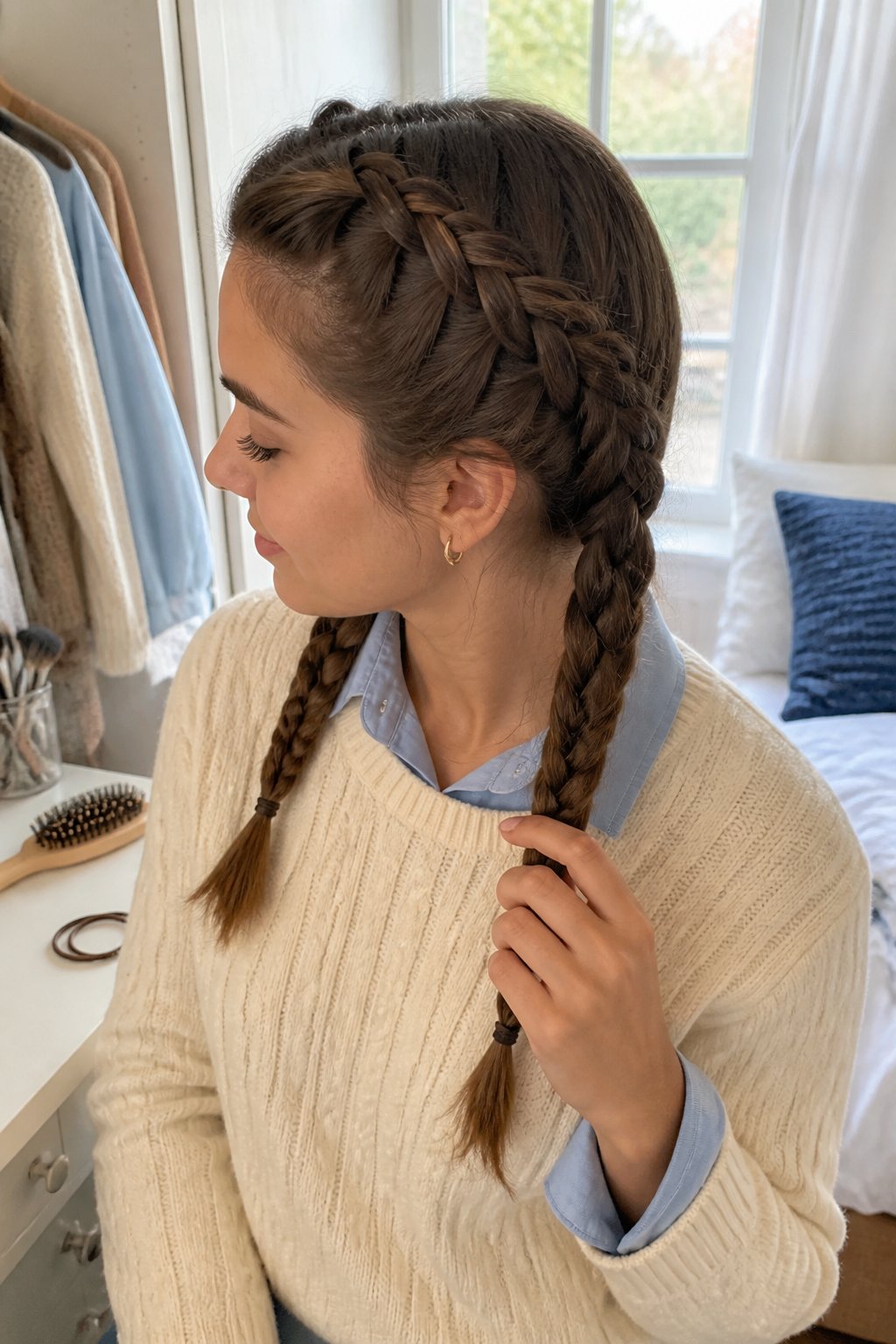 A person wearing two neat Dutch braids in a bright everyday room.