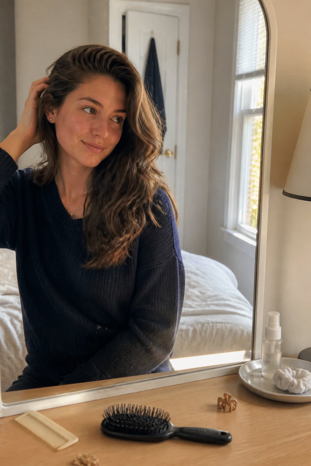 A person with medium-length wavy hair styled in a side-swept look stands near a sunlit bedroom vanity.