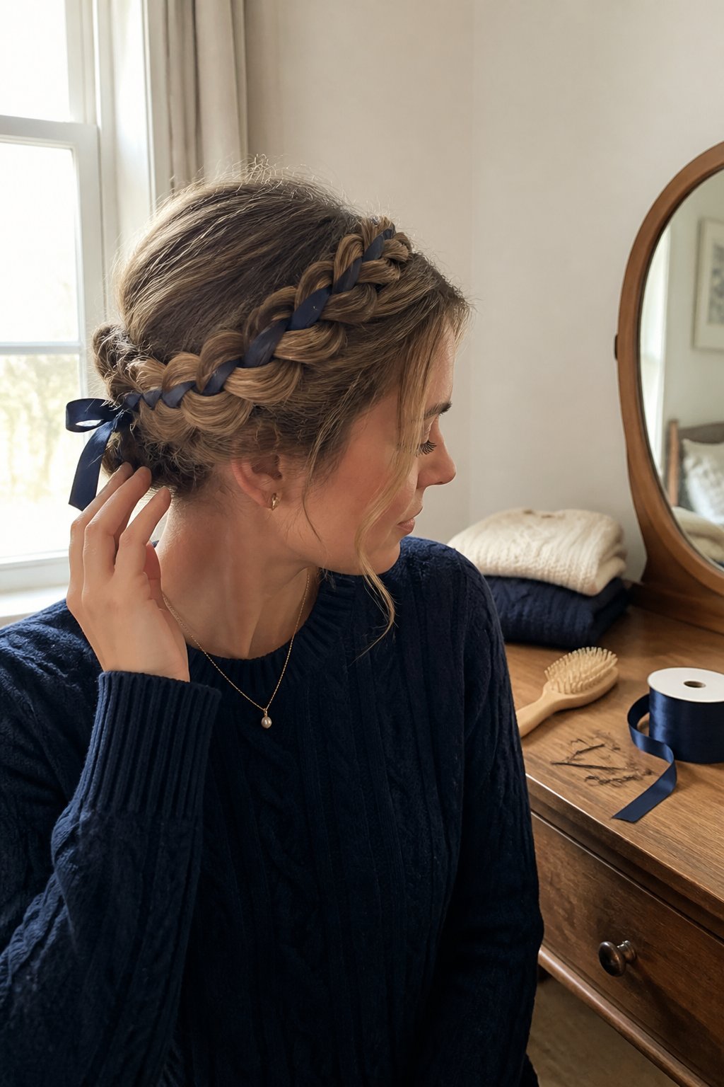 A young woman wears a braided crown hairstyle accented with a ribbon while adjusting it near a bright window.