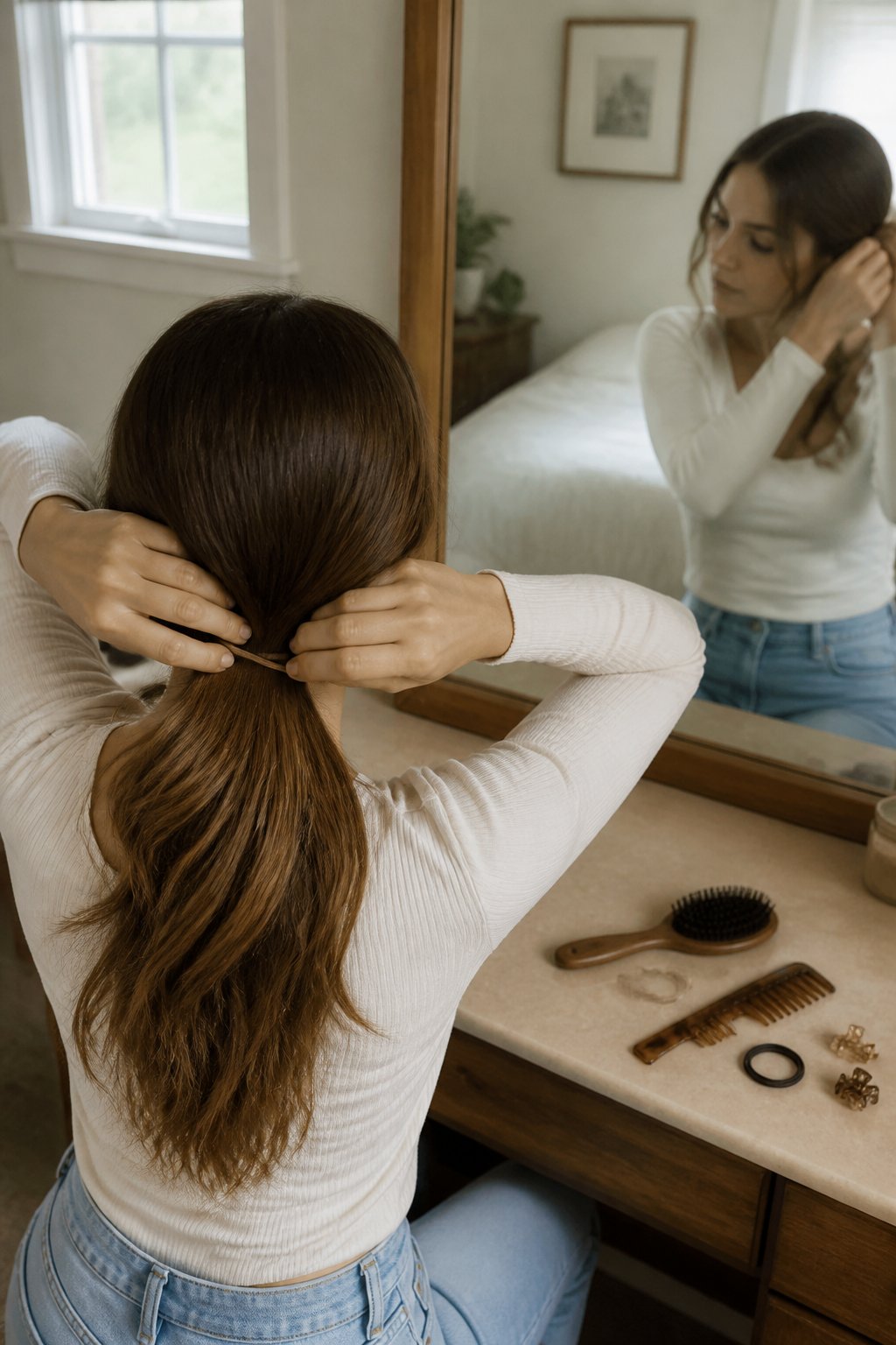 A person with long hair creates a simple hairstyle beside a mirror, with a brush and hair ties on a nearby counter.