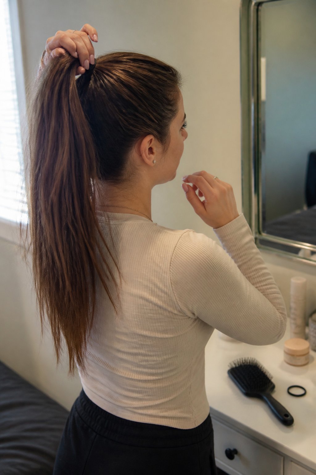 A woman adjusts her sleek high ponytail beside a tidy vanity with a brush and hair tie.