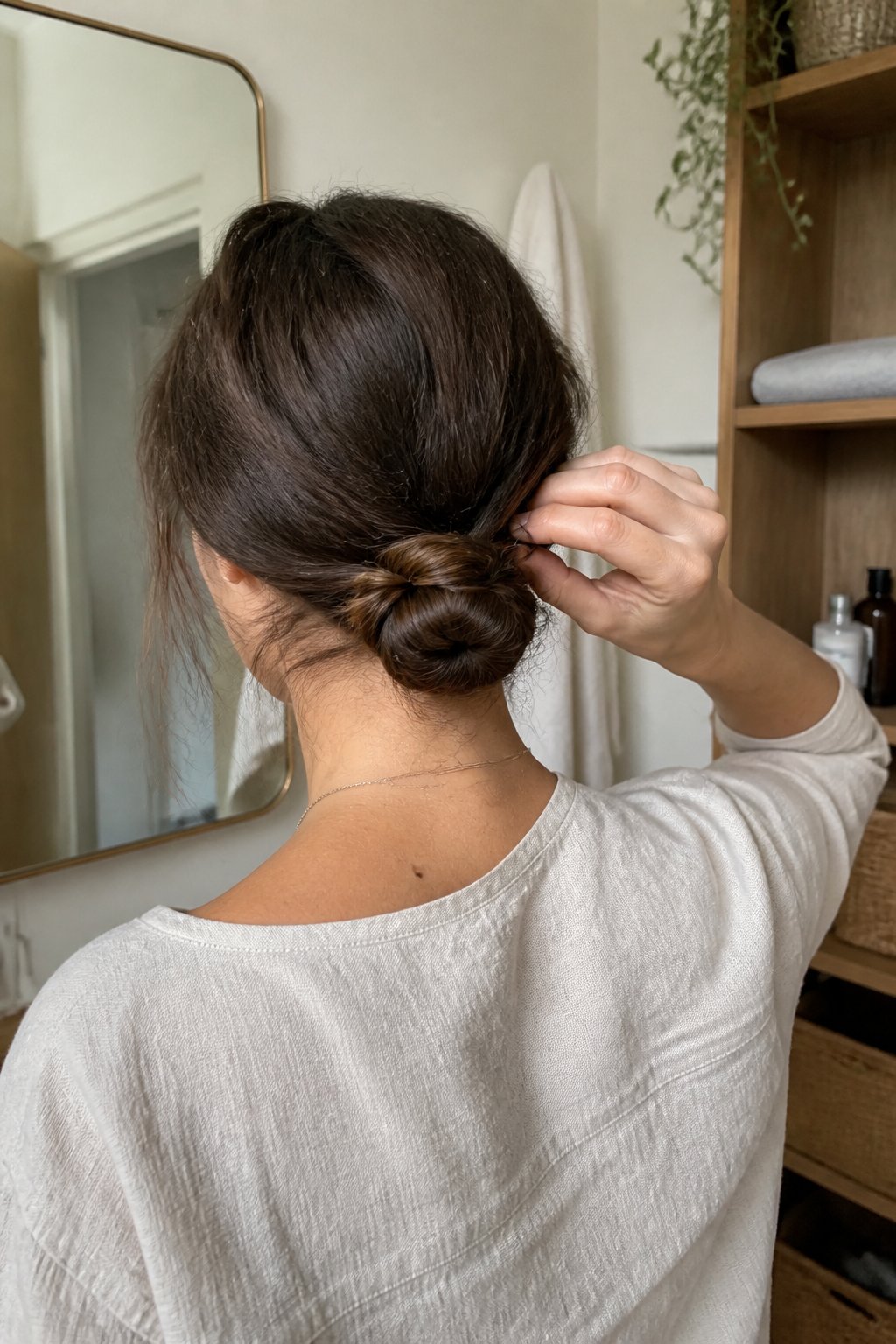 A woman with long hair gathered into a low twisted bun stands in a softly lit room.