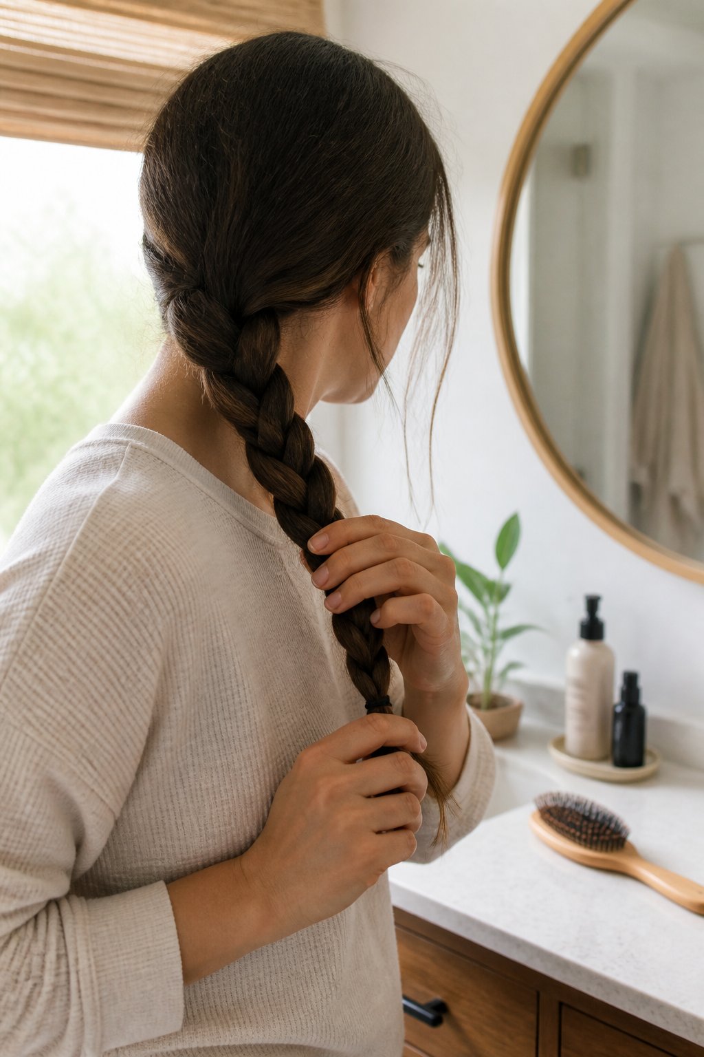 A person with long hair creating a simple three-strand braid in a softly lit home setting.