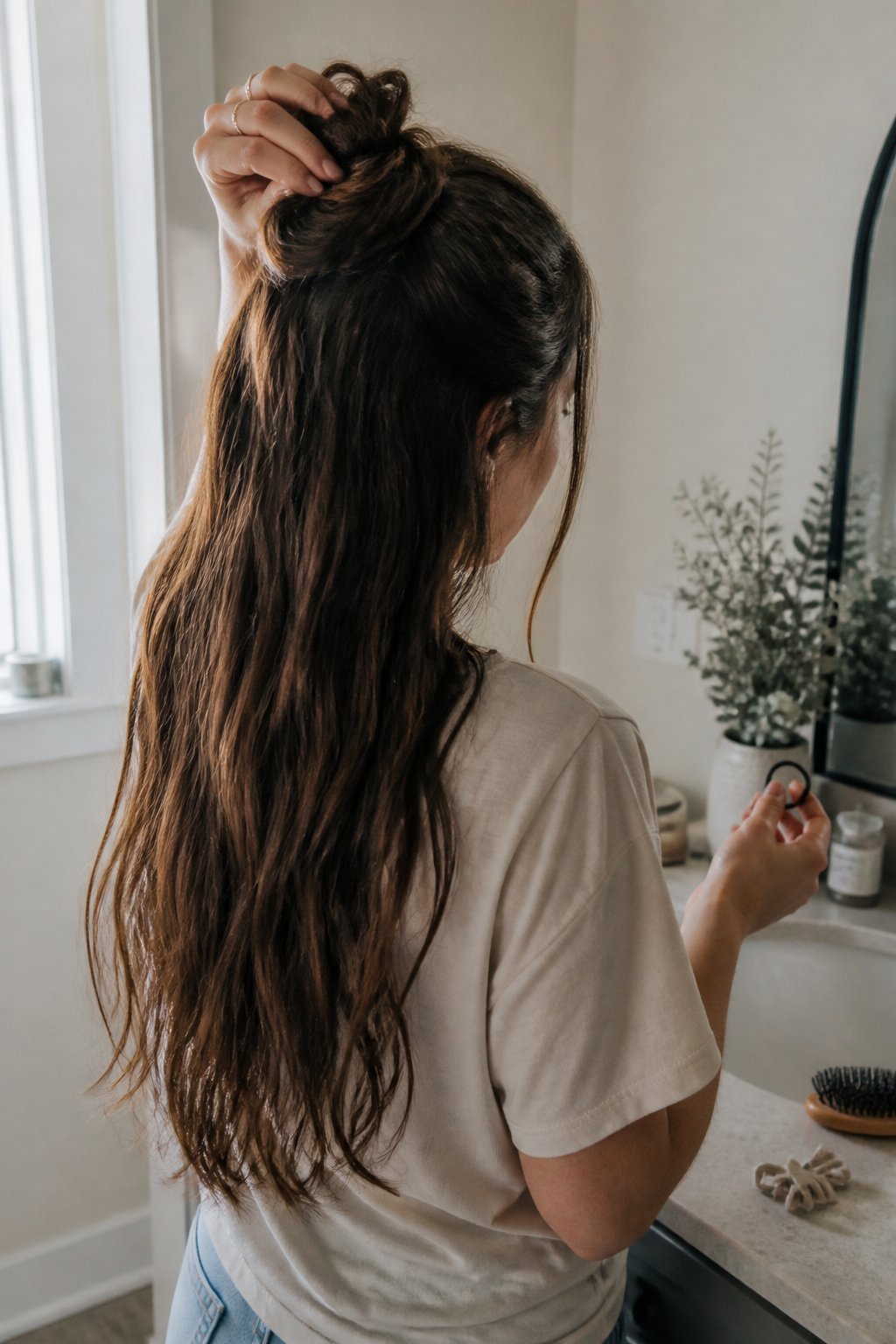 A person with long hair adjusts a casual half-up top knot while standing near a bright window.