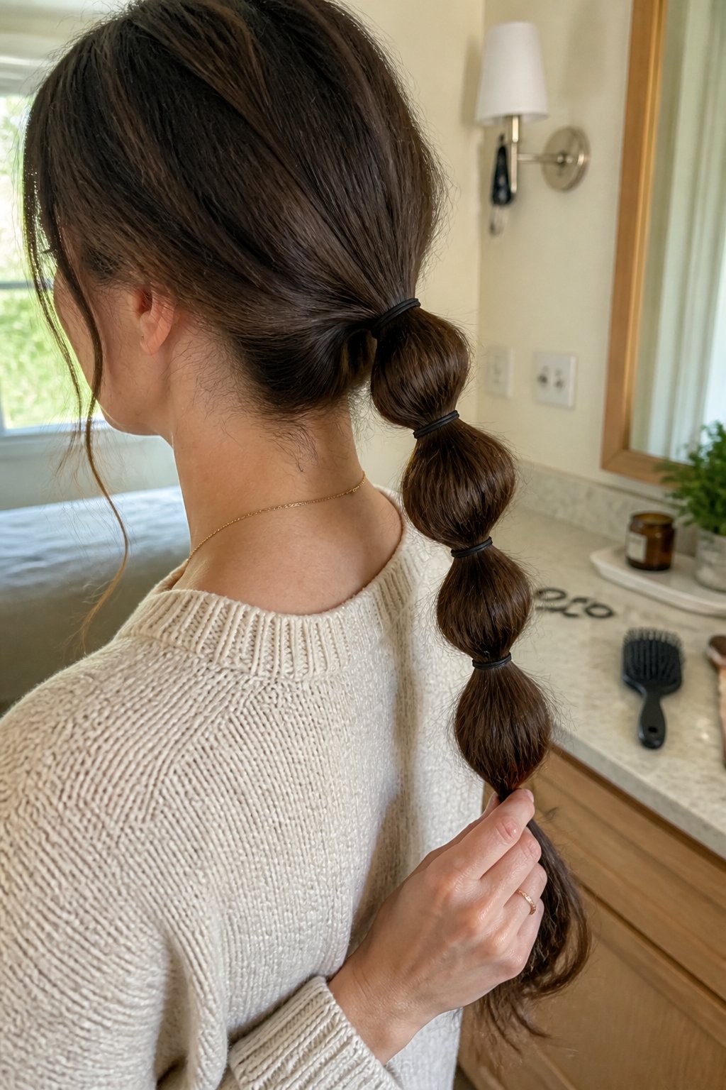 A person with long hair styled into a bubble ponytail while standing in a bright home bathroom.