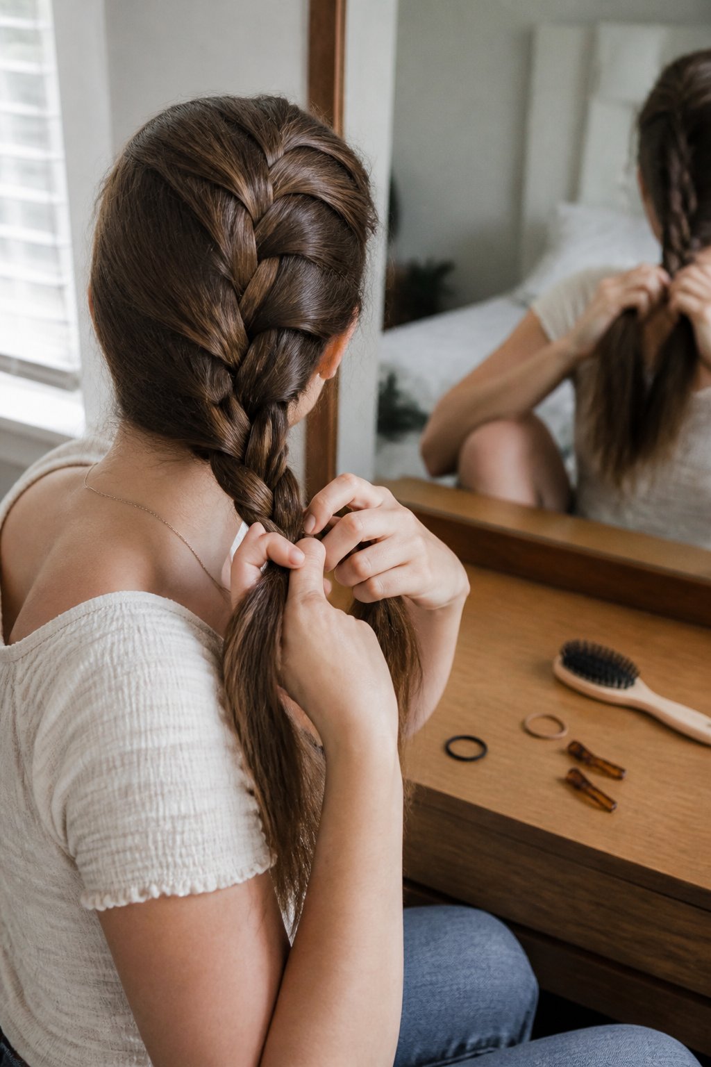 A person braiding long hair into a French braid while sitting near a sunlit window, with a hairbrush and hair ties nearby.