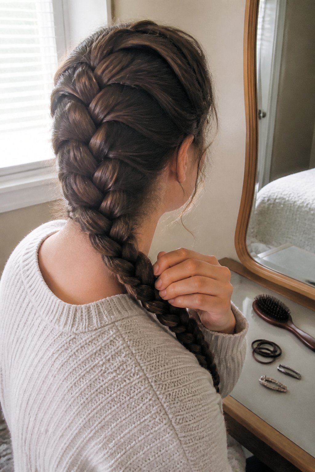 A person with long hair wears a Dutch braid while standing near a counter with hair tools.