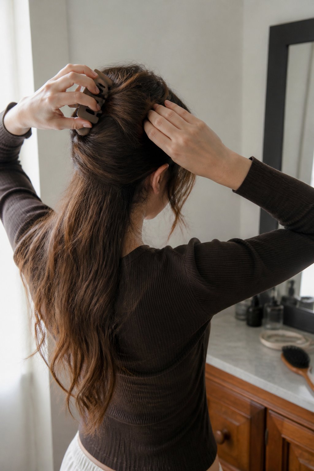 A person with long hair gathers it into a loose twist secured with a claw clip.