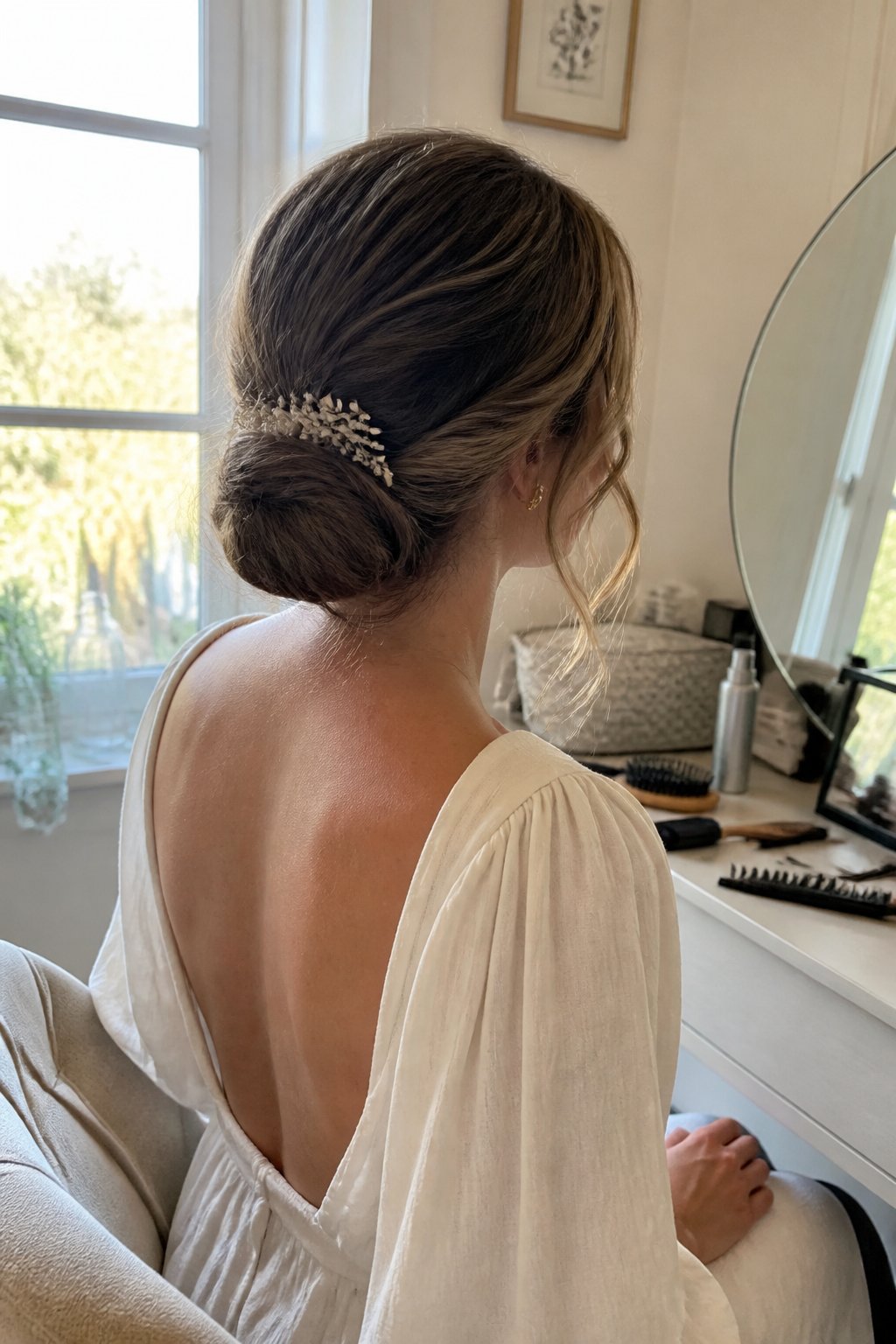 A woman with a softly styled low chignon stands near a window in a casual getting-ready space.