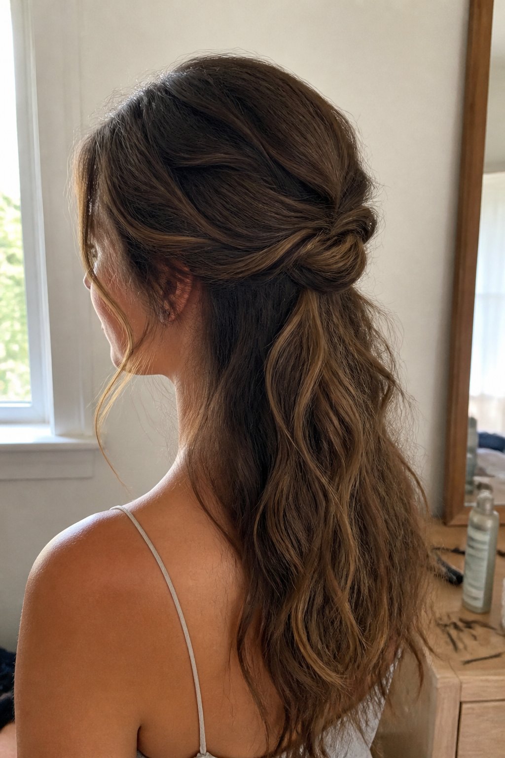 A woman with a textured half-up twist hairstyle stands in a softly lit room.