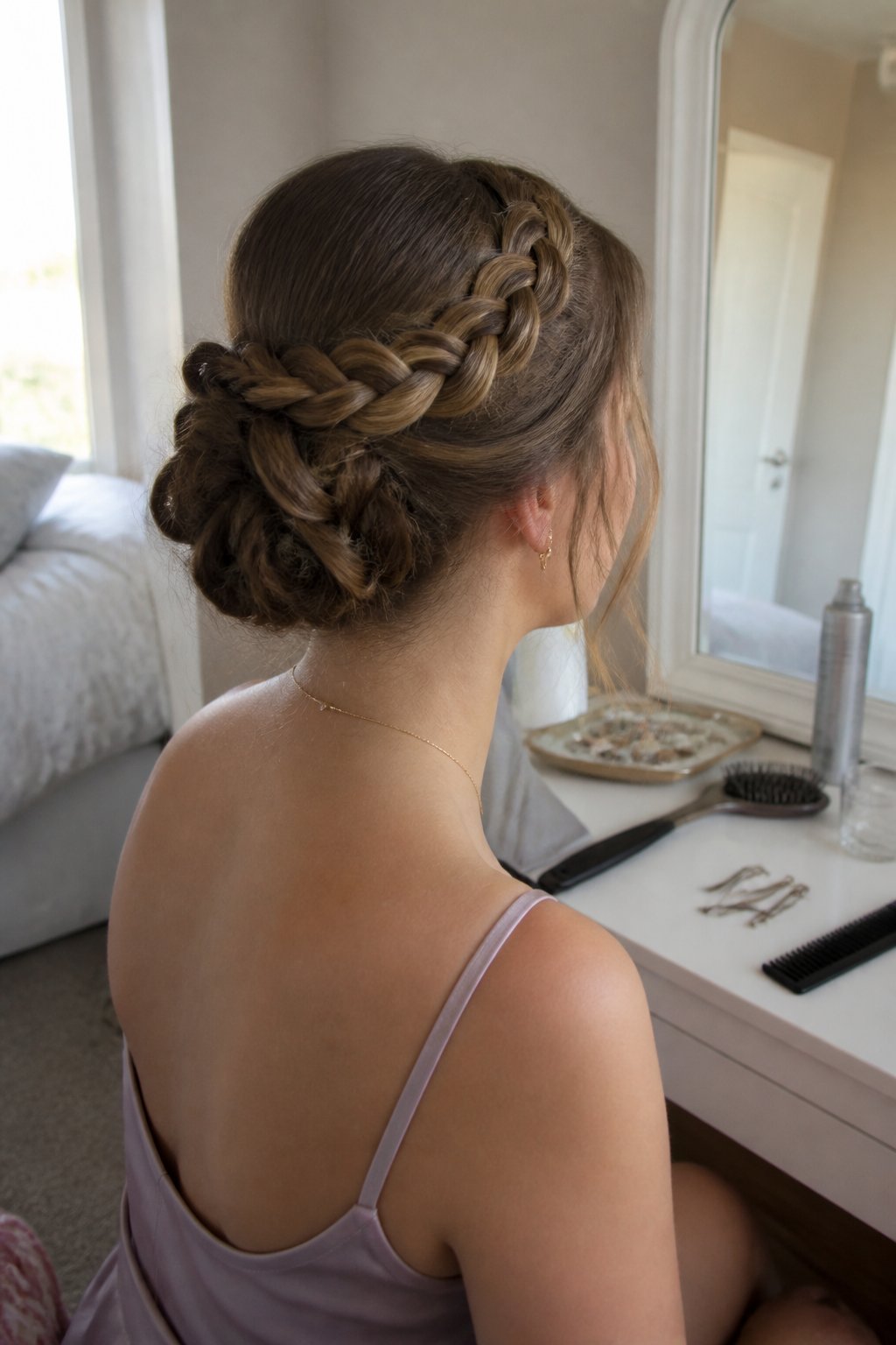A woman wearing a braided crown updo while getting ready in a bright bedroom.