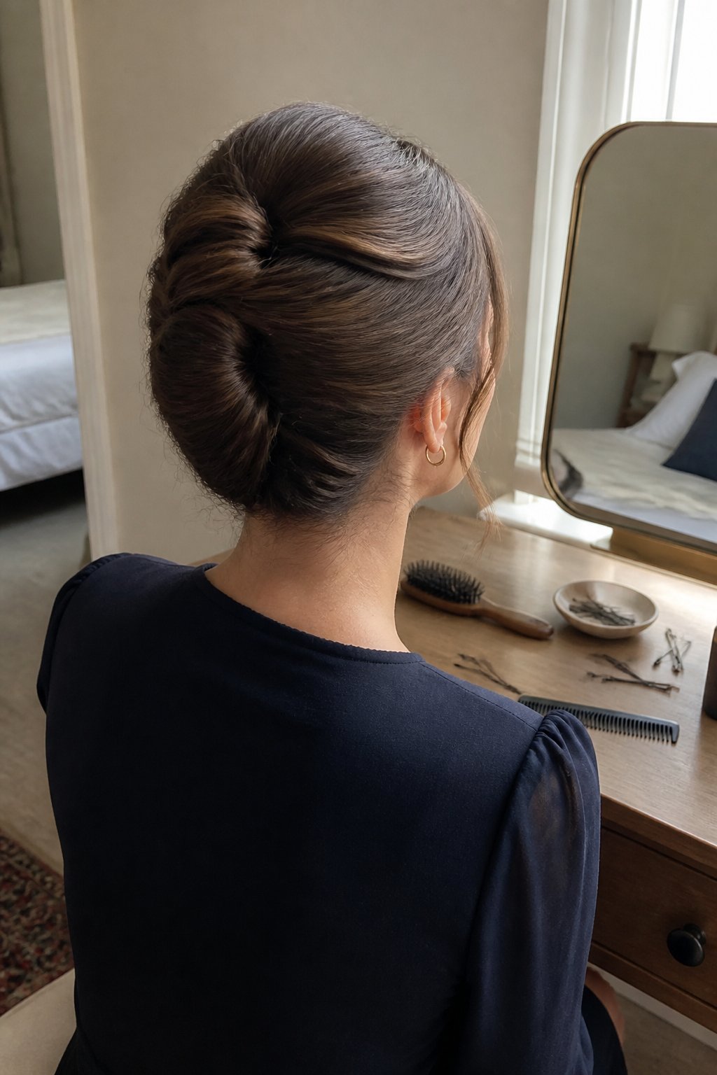 A woman with a classic French twist hairstyle stands near a dressing table while preparing for a special occasion.