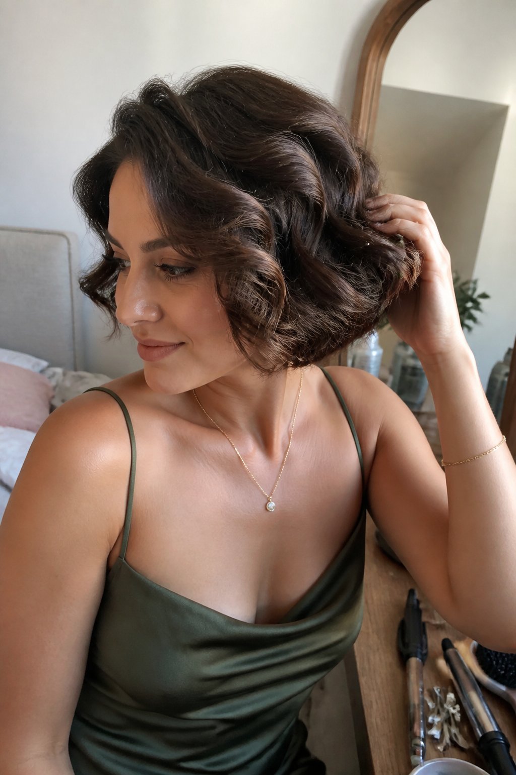 A woman with a short, voluminous curled bob adjusts her hairstyle near a softly lit window, with hair tools nearby.