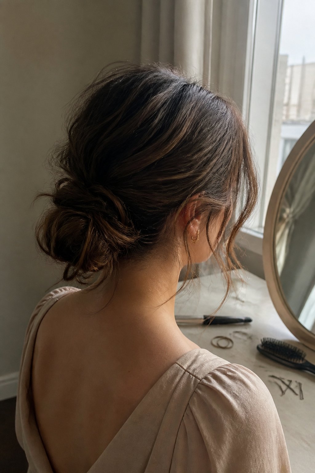A woman wearing a relaxed messy low bun while getting ready near a window.