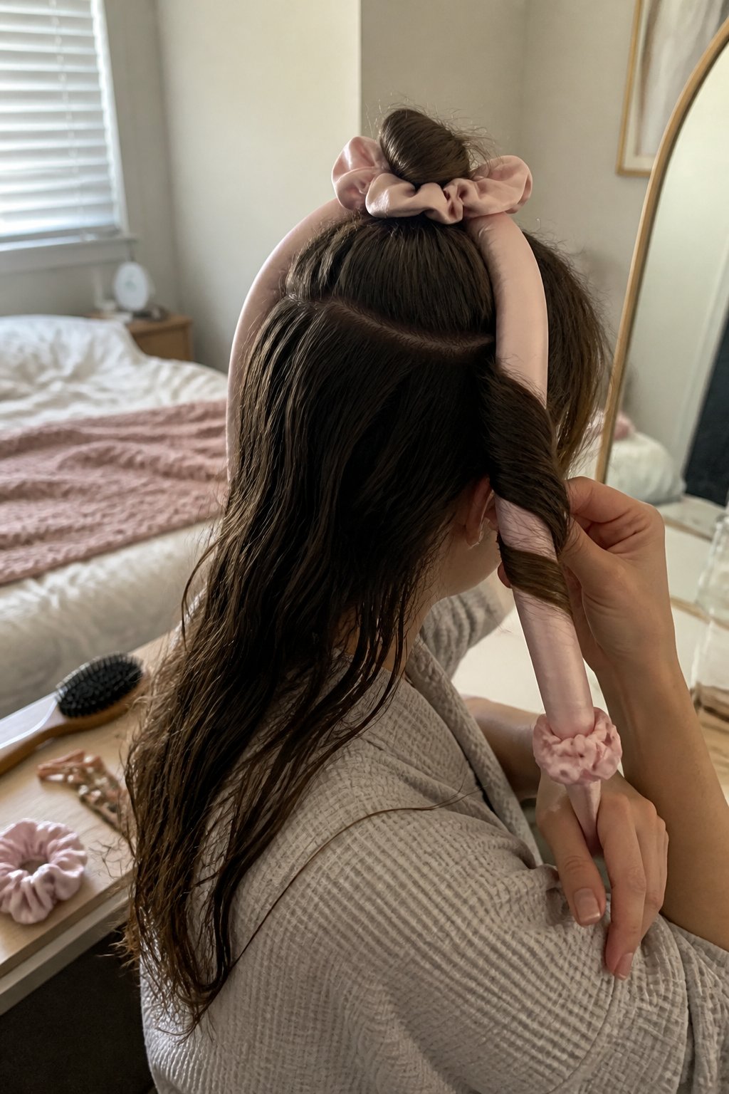 A person wraps their hair around a satin curling ribbon as part of an overnight heatless curls routine.