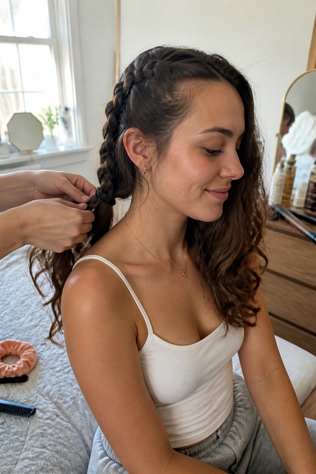 A woman demonstrates French braids for creating soft, heatless waves in her hair.