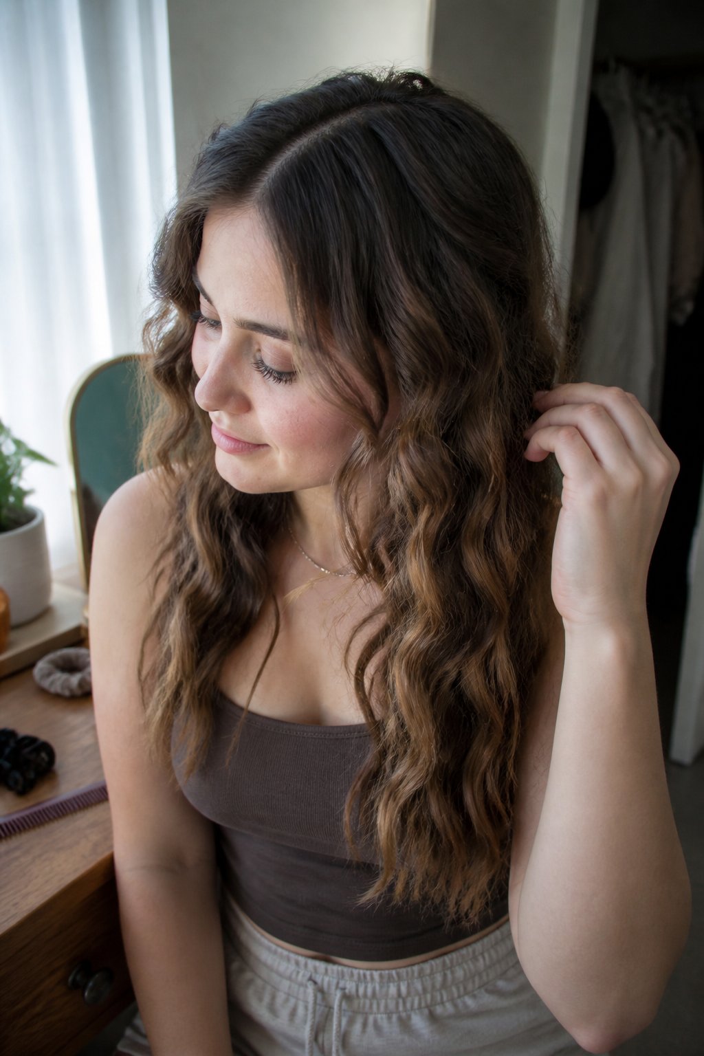 A woman wearing two loose Dutch braids and soft waves in her hair.