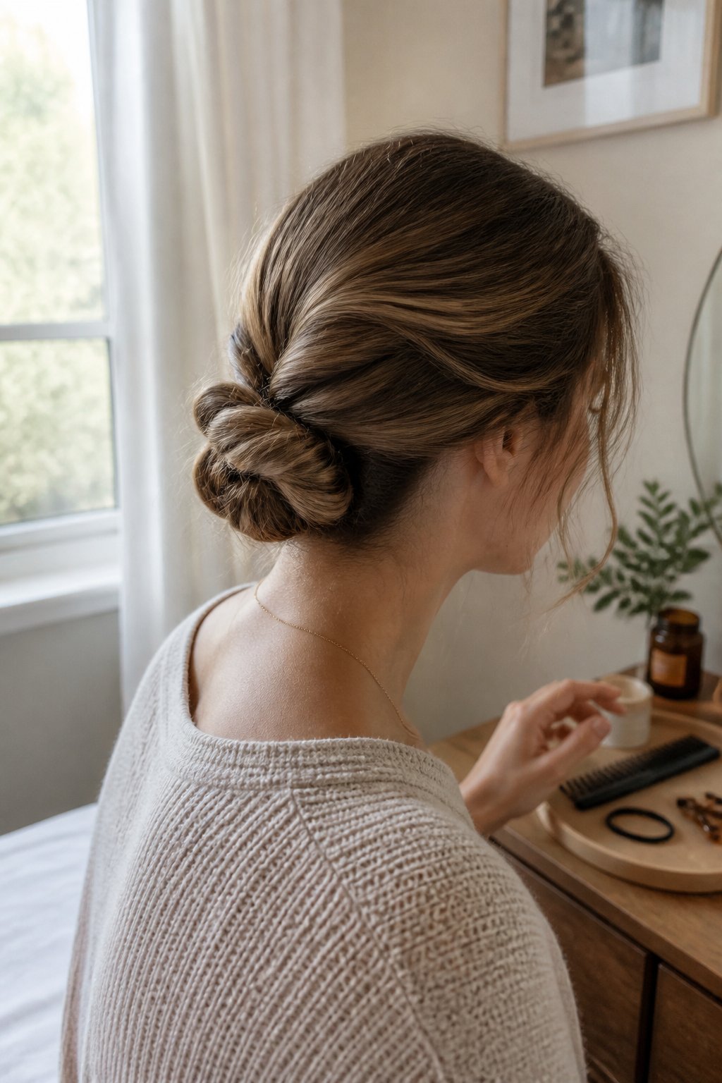 Person wearing a twisted low bun viewed from behind in a bright everyday room.