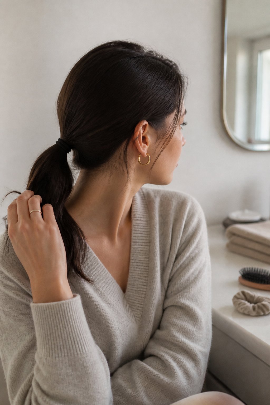 Person wearing a sleek low ponytail in a softly lit home setting.