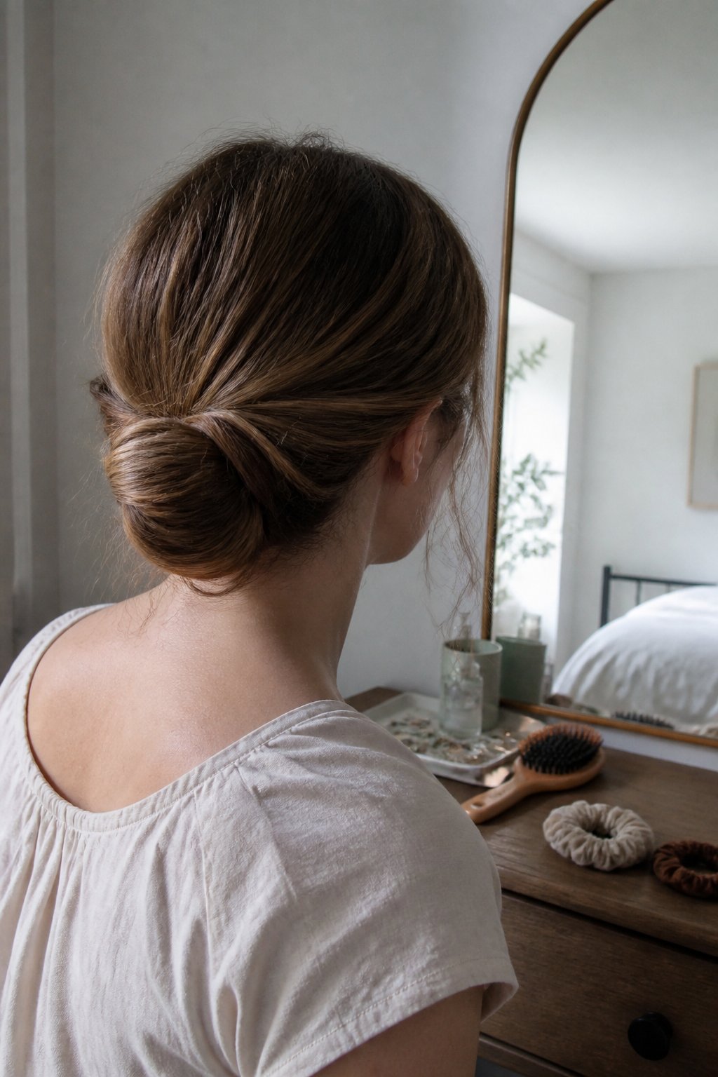 A person with long hair styled into a low classic chignon in a softly lit room.