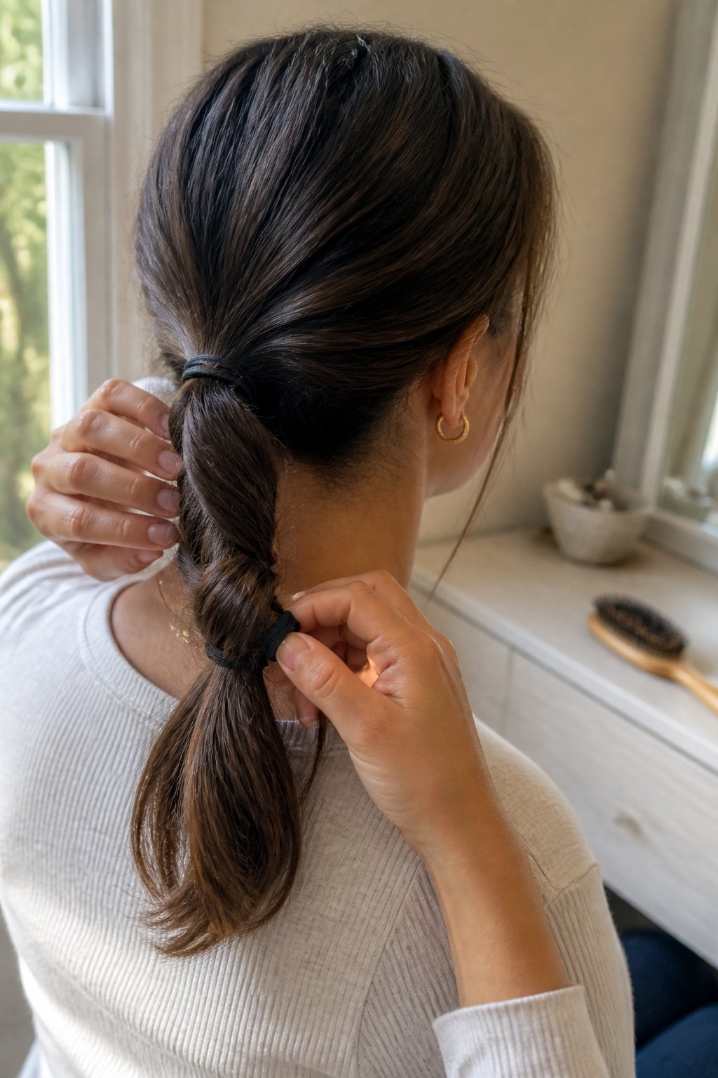 A person adjusts a rope-twist ponytail while a brush and hair tie rest nearby.