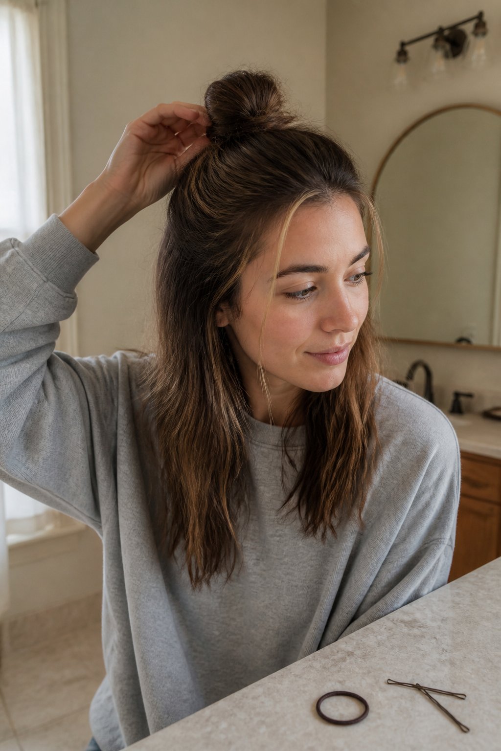 A woman wears a casual half-up topknot hairstyle in a softly lit home setting.