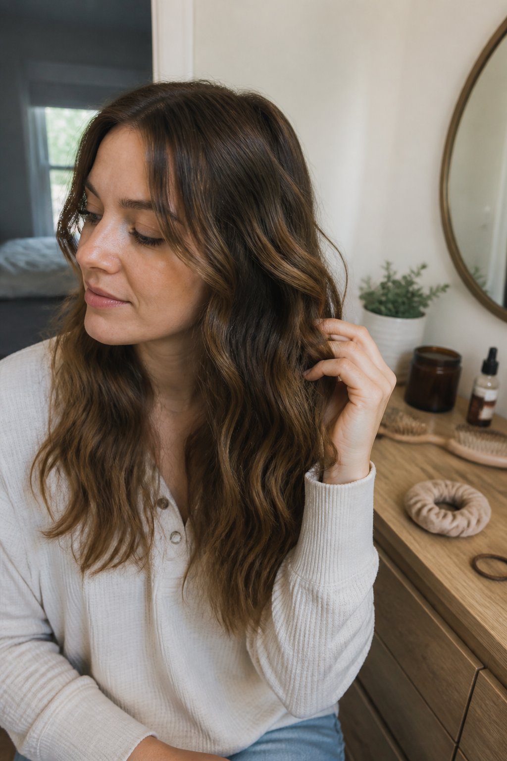 A woman with loose sock-bun waves adjusts her hair in a softly lit bedroom.