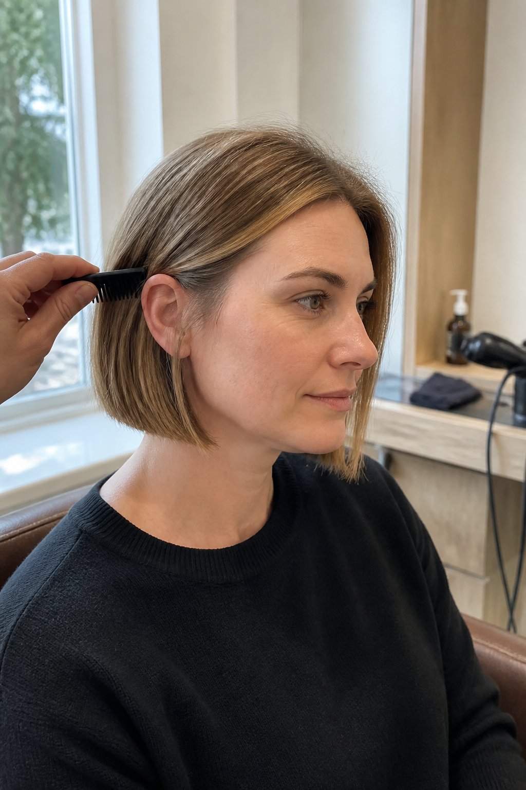 A woman with a blunt chin-length bob haircut sits in a casual salon setting while a stylist holds a comb near her hair.