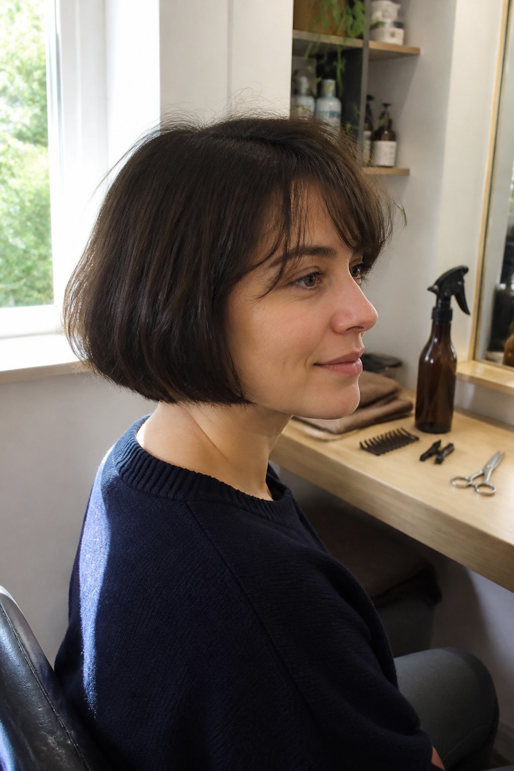 Woman with a jaw-length French bob haircut sitting in a naturally lit salon beside everyday hair-styling tools.