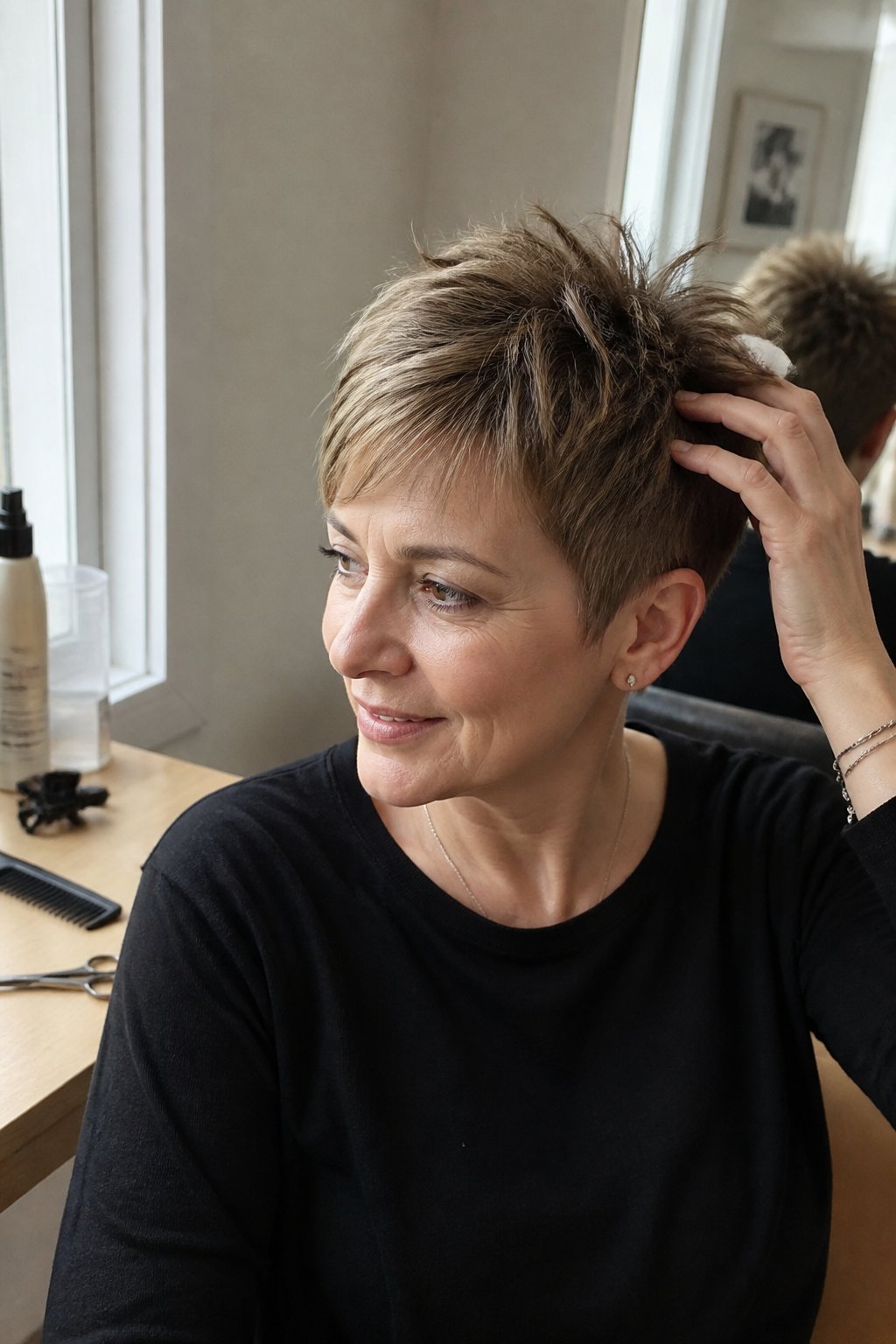 A woman with a short textured pixie haircut gently touches the lifted layers at the crown while seated near a window.