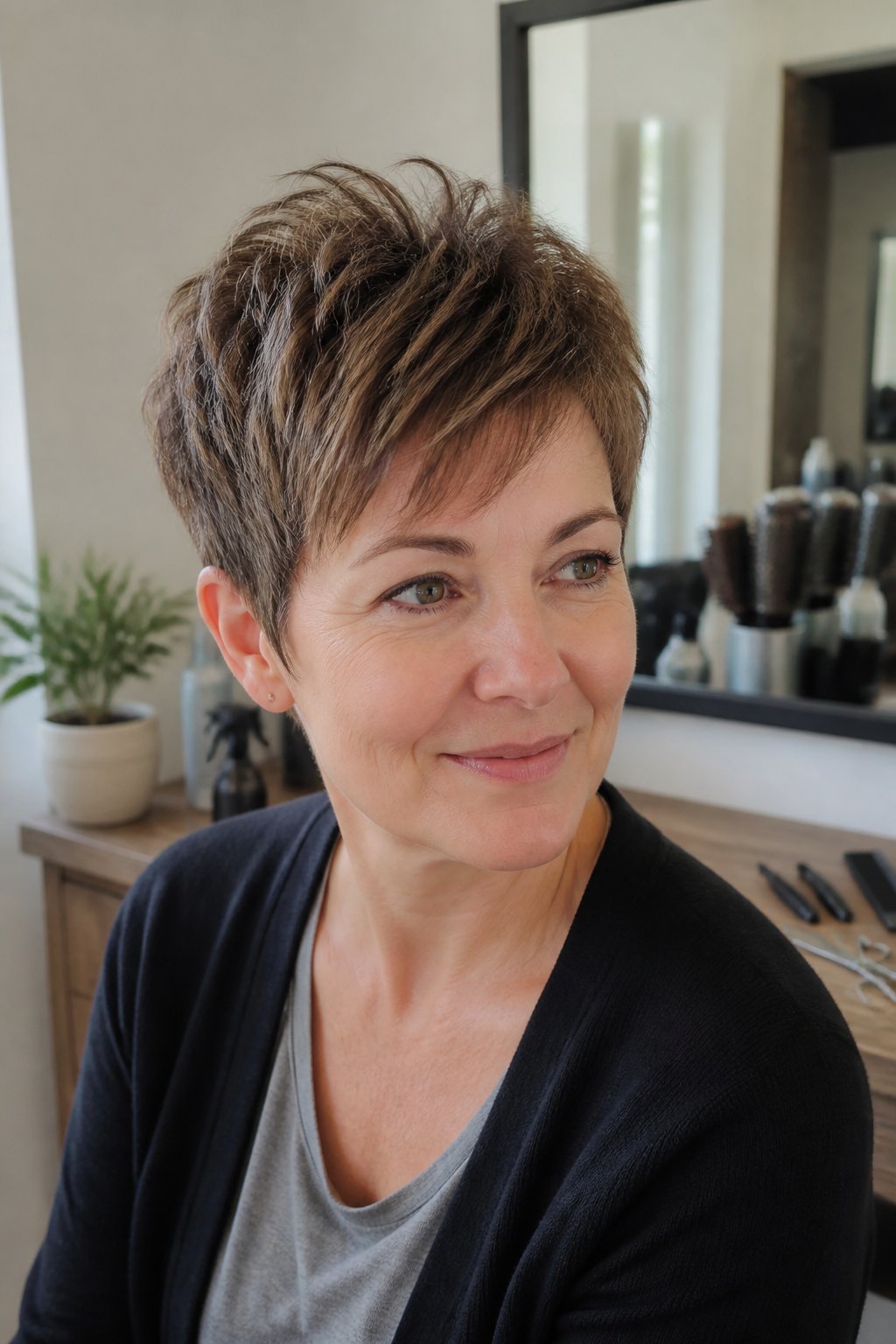 A person with a short layered crop haircut sits near a mirror in a bright everyday grooming space.