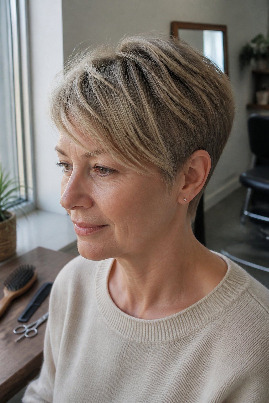A woman with a short side-swept pixie haircut sits near a window in a casual styling setting.