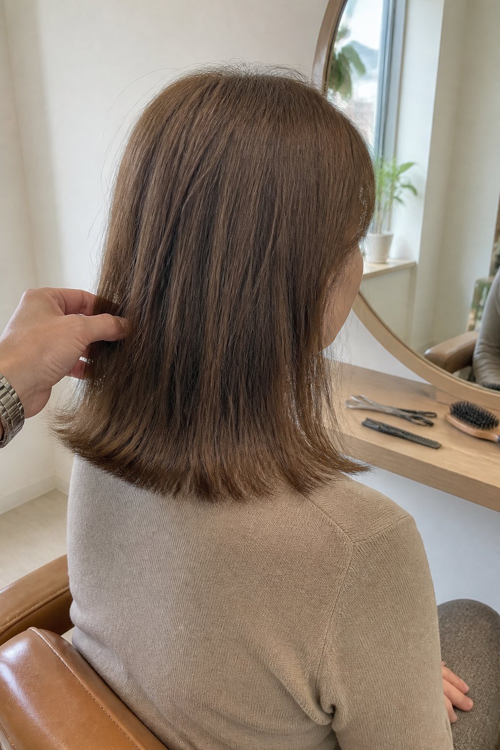 Person with a one-length shoulder-length haircut viewed from behind in a softly lit salon.