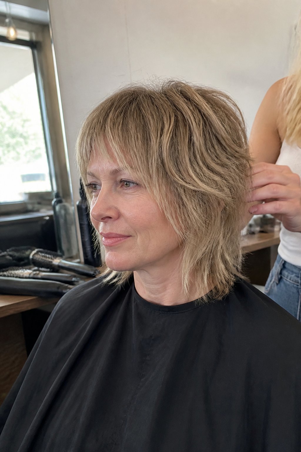 A person with fine hair wearing a soft shag haircut with lightly layered ends in a salon.