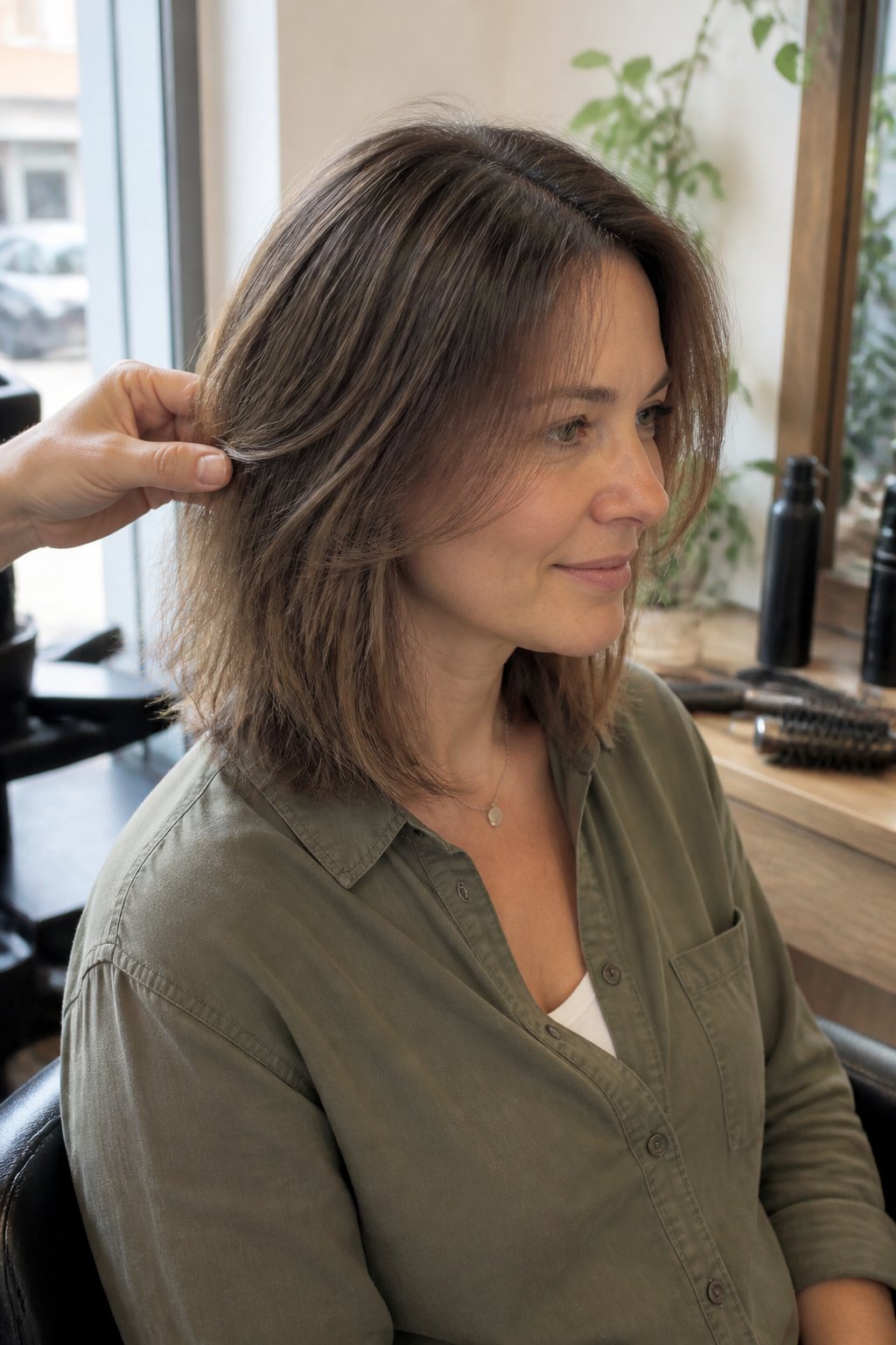 A woman with a collarbone-length haircut and soft layers framing her face sits in a bright salon while a stylist adjusts her hair.
