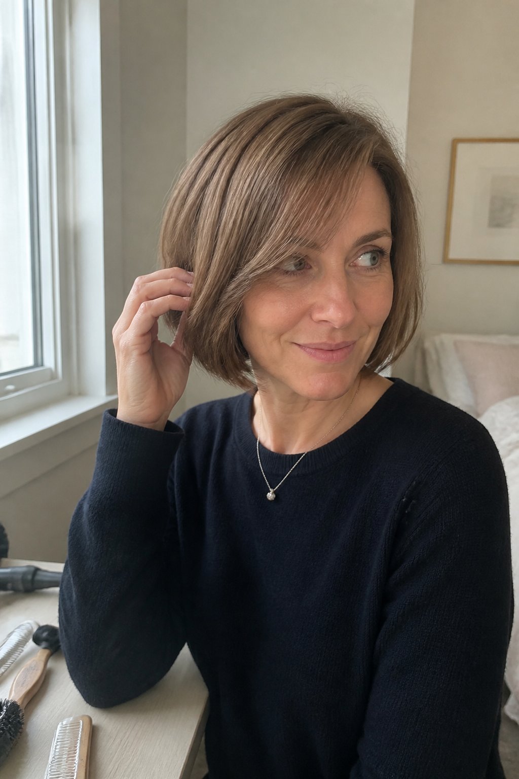 A woman with a chin-length bob haircut and side-swept bangs stands near a window, lightly touching her hair.