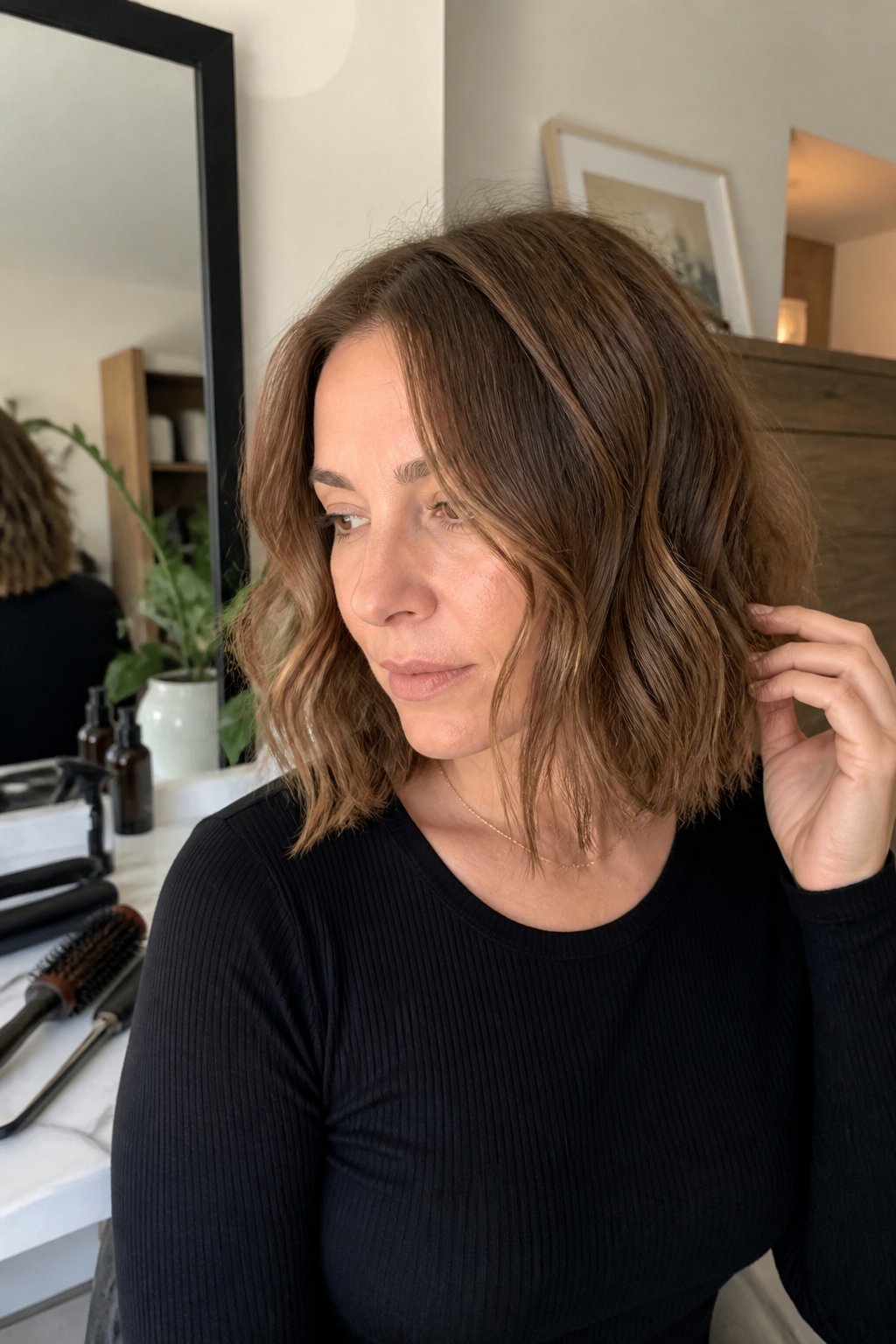 A woman with a collarbone-length wavy textured lob haircut in a softly lit room.