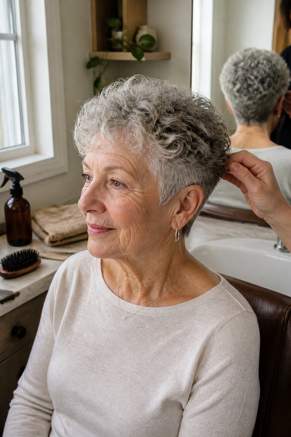 An older woman with short silver curls sits near a window in a home bathroom or salon, with hair tools nearby.